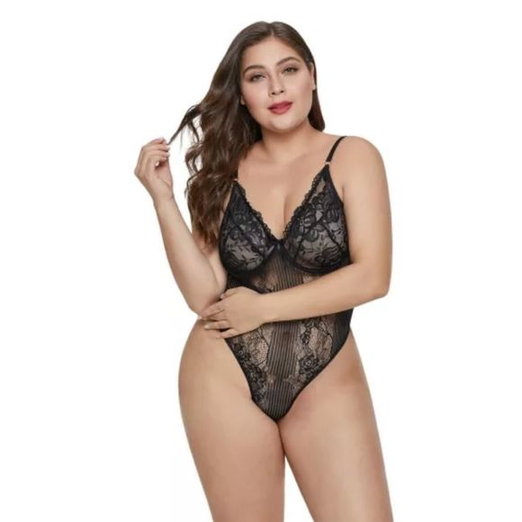 Lingerie Plus Size Sexy Lace Thong Bodysuit Plus Size Black sz 3X NEW - Picture 2 of 8
